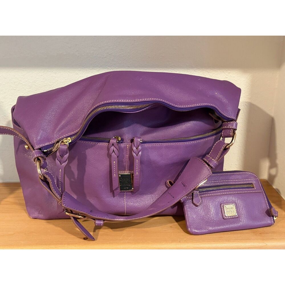 Dooney & Bourke Purple Pebbled Leather Slouchy Hobo Shoulder Bag & Wallet EUC